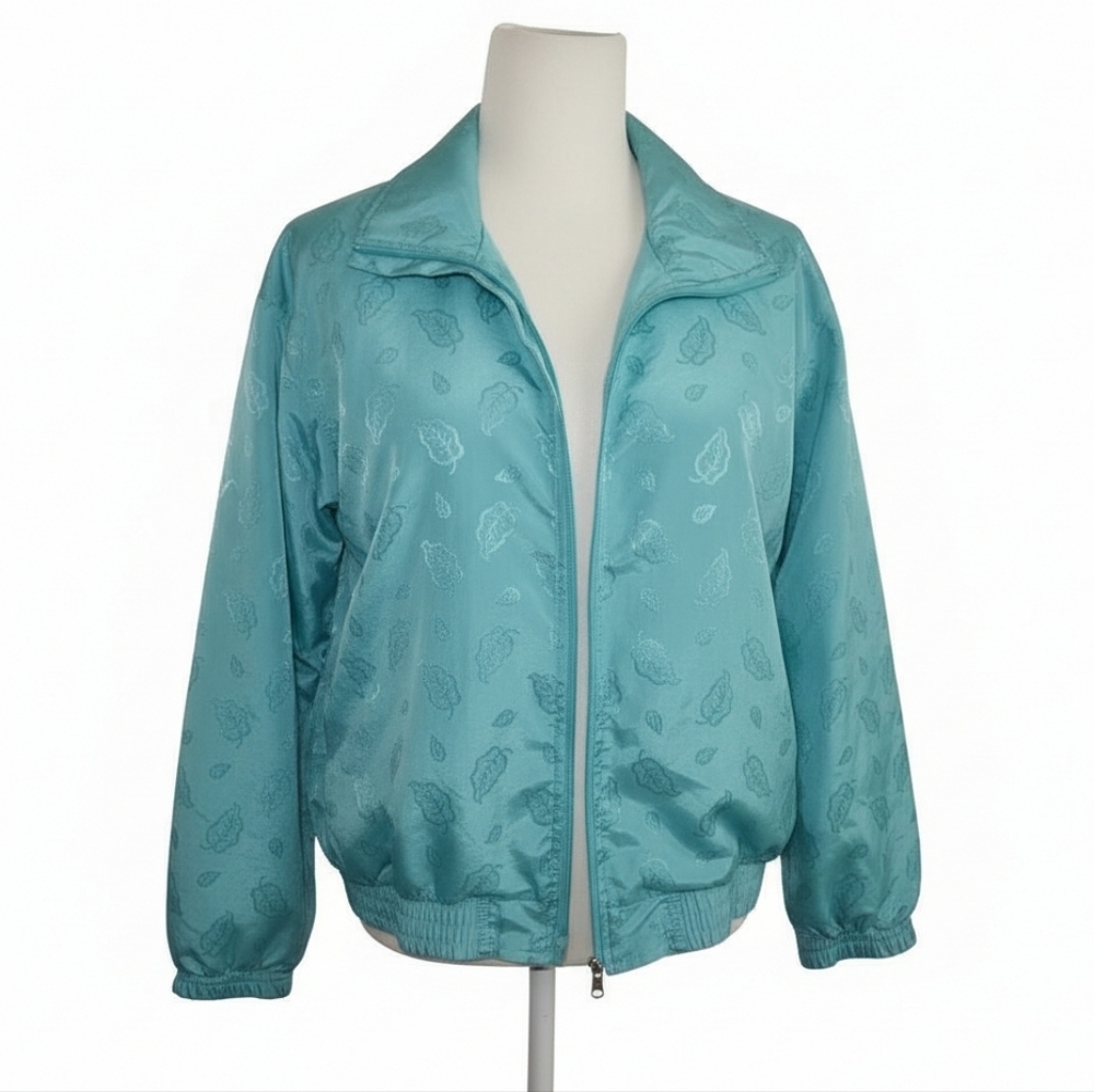 Vintage Satin Bomber Jacket Teal Leaf Embossed Petite Large L 90s Retro Spring